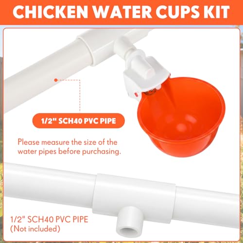 LemonRoad 30 Set Automatic Chicken Waterer Cups with 1/2" PVC Tee Fitting Chicken Drinking Bowl, Poultry Drinker Mounting Hole Opener,Water Dispenser Feeder for Duck, Goose, Turkey, Pigeon(Orange) - color: Orange
