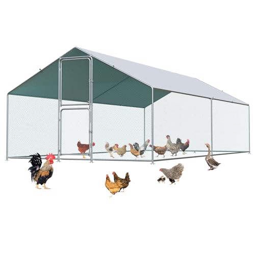 Large Metal Chicken Coop with Run, Waterproof & UV Protected Cover, Holds Up to 30 Chickens. Double Lock Doors, Spire Roof Design, Ideal for Hens, Ducks and Rabbits (13.1 x9.8 x 6.6 FT)