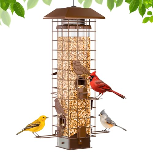 Squirrel-Proof Metal Bird Feeder with Removable Base, Weight-Activated Cage, Easy to Clean, Sturdy & Rust-Resistant, 3 lb Capacity, Outdoor Hanging Tube Bird Feeder for Cardinals & Finches - color: Bronze
