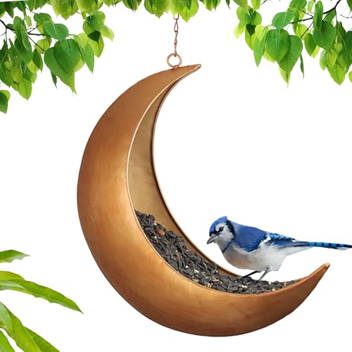 Hanging Moon Bird Feeder – Unique Metal Bird Feeders for Outdoors, Antique Gold, Rust-Resistant, – Wild Bird Feeder for Bluebirds, Cardinals, Finches, and Backyard Birdwatching - color: Antique Gold