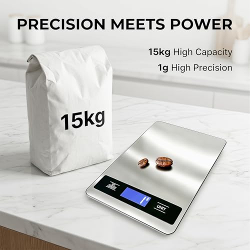 33lb/15kg Digital Food Kitchen Scale, Measuring Recipes Coffee Meat Baking | 1 Gram High Precision Stainless Steel Weight Scale with Timer, Tare & Unit Conversion (g/oz/ml/lb) for Cooking Bread Making