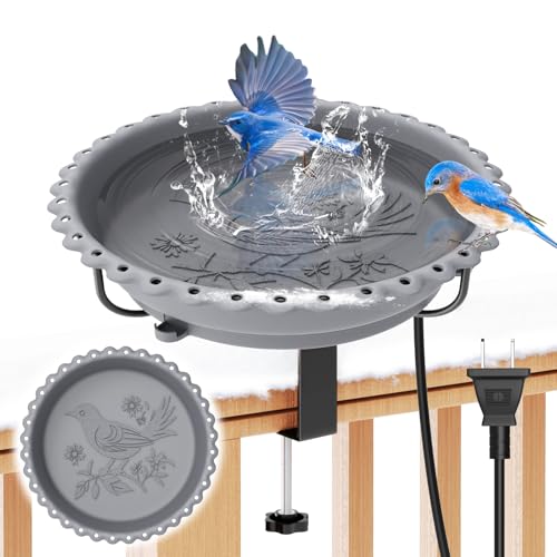 Heated Bird Bath for Outdoors,Deck Railing Heated BirdBaths,Grey | Upgraded 100W,Thermostatically Controlled,Adjustable Clamp 3.2",Easy Clean/Install,Detachable Bowl,Garden Yard Patio Lawn - color: Gray