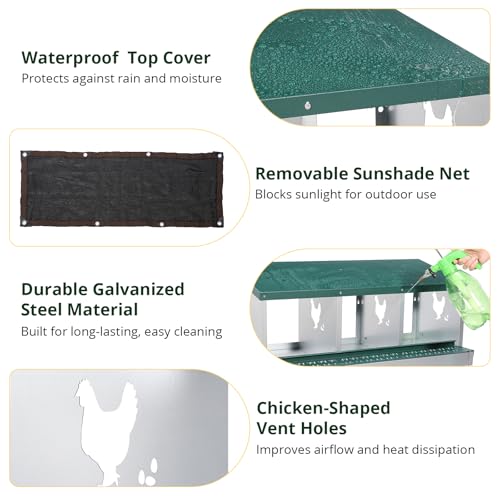 6-Compartment Roll Away Chicken Nesting Box with Legs,Lid & Perch | Pre-installed nuts, Fast assembly, galvanized steel, rounded edges, sunshade cloth + vents, wall mount or floor use