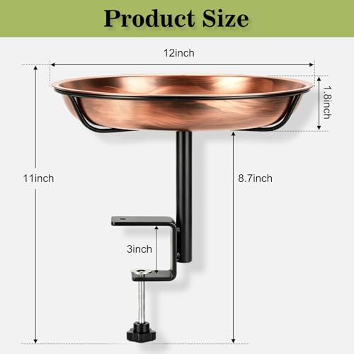 Gtongoko Deck Mounted Metal Bird Bath for Outside, 12 Inch Dia Weather-Resistant Birdbath Bowl for Balcony Fence Railing with Adjustable Clamp Outdoors - size: 12″ dia, 2″ depth bowl, deck