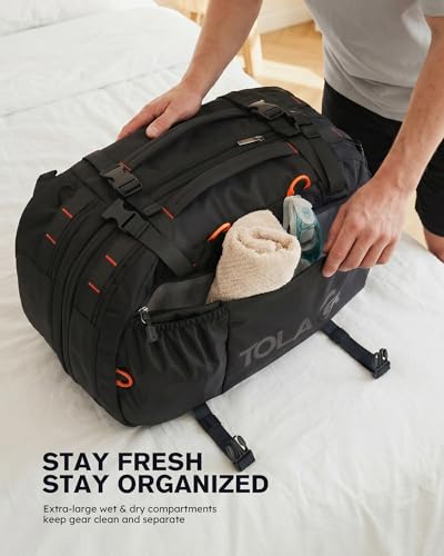 Tolaccea Travel Backpack 40-50L, 16" Laptop Carry On Duffle for Travel Work | 40-50L Expandable, TSA Approved 180° Open, 3L Wet-Dry Pocket, RPET Fabric, 3-in-1 Convertible Carrying, Detachable Waist Belt - color: Black