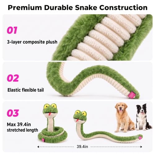 Squeaky Dog Plush Chew Toy, Interactive Tug Squeaky Toy for Chewers, Medium & Large Dogs & Fetch Play, 39.4In Stuffed Silly Snake Toy with Elastic Stretchable Body for Gentle Gum Care & Boredom Relief - color: Green (Silly Snake)