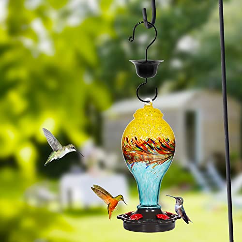 LUJII Hand Blown Glass Hummingbird Feeder for Outdoors with Ant Moat, Leak Proof & Rustproof, 25 fl.oz, Metal Base Cover with 5 Feeding Ports & Perches, Glass Art for Garden Decor (Blue Mixed Yellow) - color: Yellow, size: Small