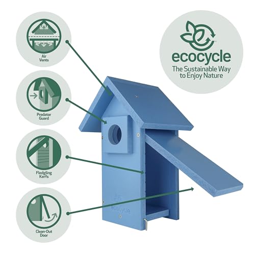 Bluebird Bungalow Recycled Plastic Bird House with Predator Guard and Clean-Out Door, Wild Bird House and Outdoor Décor, Blue