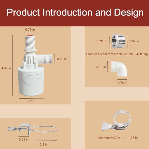 Chicken Waterer Float Valve Kit - Top Inlet, Compatible with Various Chicken Water Cups & Nipples, Includes Fixing Clip, 4 Hose Clamps, Raw Tape, 1/2 to 3/4 Inch Adapter
