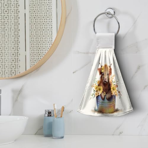 Cute Cow Hanging Kitchen Towels Set of 2 Farm Highland Cattle Daisy Hand Towel with Hanging Loop Rustic Farmhouse Tie Tea Dish Towel Soft Absorbent Fingertip Bath Towel for Bathroom - color: Cow