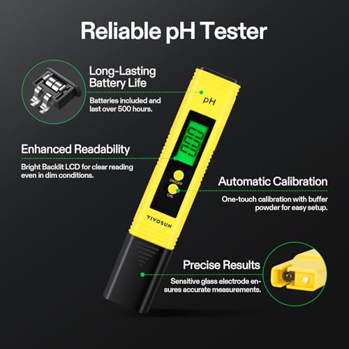 VIVOSUN Digital pH Meter TDS EC Meter for Water 0.01 Accuracy Hydroponics | ±0.01 pH Accuracy, ATC, Auto Calibration, LCD Display, Hold Function, for Hydroponics Aquarium Pool Drinking, UL Certified - color: Yellow+Blue
