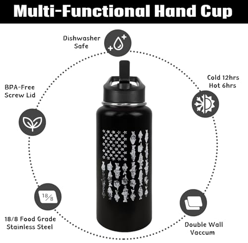 Fishing Water Bottle with Straws Fish Insulated Water Bottle Gifts for Men Dad Papa Husband Fisherman Fathers Day,Anniversary,Christmas,Birthday Travel Thermal Double Walled Vacuum Cup-32 oz - color: black fishing