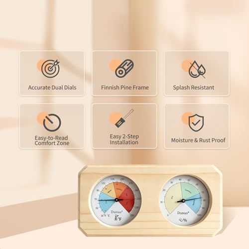 2-in-1 Sauna Thermometer Hygrometer, Finnish Pine | Color Coded Comfort Dial, Solid Wood Craft, °F/°C Dual Scale, Battery-Free Wall Mount, Fits Steam & Home Sauna