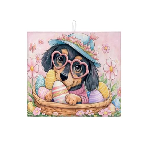 Easter Floral Dish Drying Mats for Kitchen, Cute Dog with Eggs Absorbent Dish Rack Mat, Spring Fanciful Microfiber Drying Pad for Counter Protector 16x18 Inch - size: 18" x 16"