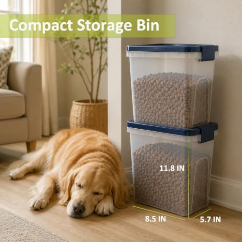 5-10 Lbs Airtight Cat Dog Food Storage Container, 8QT Compact Pet Food Bin | Plastic Food Container with Buckle-Lock Lid & Scoop for Dog, Cat, Bird Seed, Pet Food, Chicken, Dry Food, Rice, Cereal, Flour - color: Dark Blue