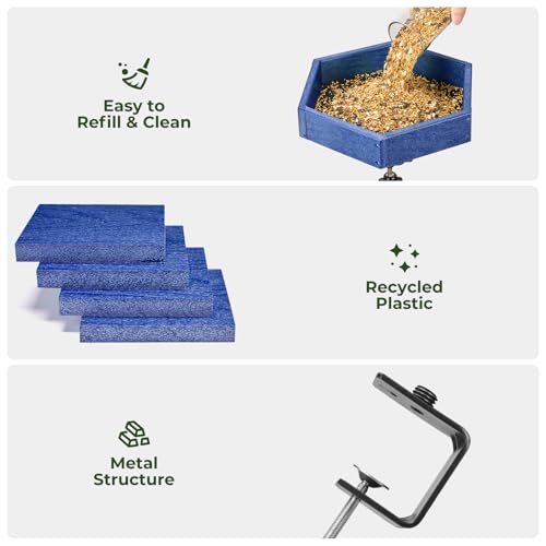 Kingsyard Clamp-On Deck Bird Feeder for Balcony Railings, No Drill | Recycled Poly Lumber, Weather Resistant, Mesh Tray for Airflow & Drainage, Fits Railings up to 2.2 in - color: Blue