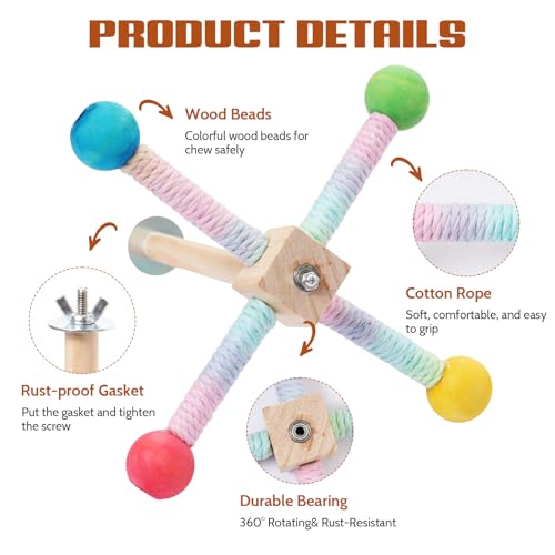 360° Spinning Parrot Perch Toy Rainbow Cotton Rope Natural Wood Parrot Toys Interactive Bird Cage Accessories Relieve Boredom Anxiety for Conures Cockatiels Lovebirds Small Medium Birds