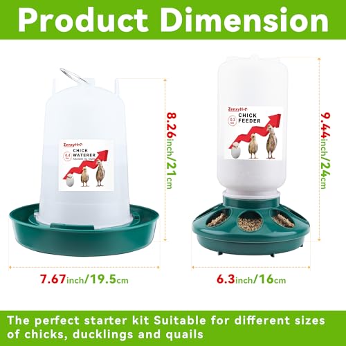 2-in-1 Chick Starter Set: 0.3 Gal Feeder & 0.4 Gal Waterer Green | Chick Feeder and Waterer with Adjustable legs, Anti-drowning, Anti-tip and Hanging Hooks Design for Baby Chicks - color: Green