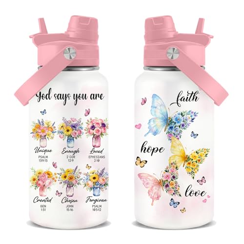 Flower Gifts for Women, 26oz Water Bottle with Handle for Girl Friends | Butterfly Stainless Steel Insulated Tumbler with Handle & Lid, Coffee Mug Travel Cup Birthday Valentines Day Gifts - color: Christian-White