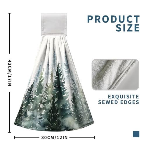 Watercolor Green Tree Hanging Hand Towels Christmas Pine Tree Kitchen Tie Towel Rustic Nature Forest Hand Towels with Hook Loops Winter Hanging Kitchen Towel Fast Drying Dish Tea Towels, 2pcs - color: Green Tree