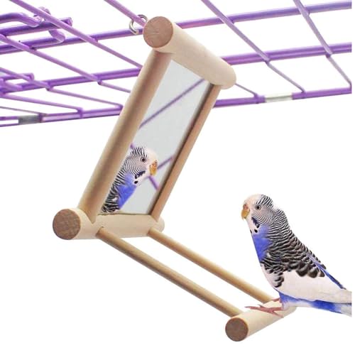 Bird Mirror Parakeet Mirror Perch Stand Wooden Swing Mirror Toy Cage Accessories for Cockatiel Parakeet Budgie Lovebird Small Parrots - size: 1 Pcs