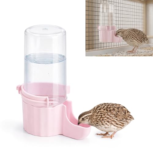 Quail Chick Waterer with Anti-Drowning Shallow Tray, 16.6 fl oz Automatic Gravity Button Quail Waterer, Hanging or Free-Standing Bird Water Dispenser for Wire Mesh Cages and Brooders (Pink) - color: Pink