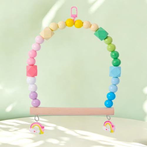 Birds Swing Parrot Hanging Toy Wooden Perch Bird Chew Toys for Love Birds，Parakeet，Cockatiel, Mynah, Budgerigar(Macaroon, Medium) - color: Macaroon