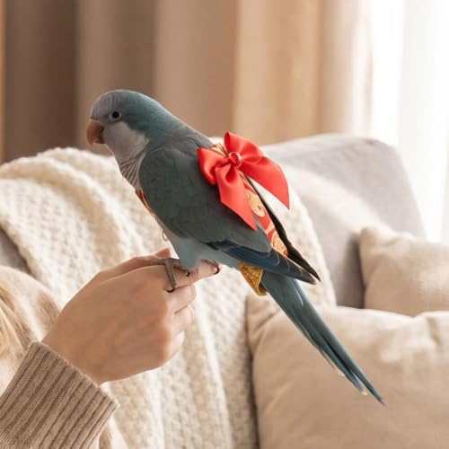 Escape-Proof Adjustable Parrot Flight Suit with Chinese Brocade Bow, Reusable Washable Bird Diaper Clothing for Cockatiels, Parakeets, Monk Parrots, Sun Conures & Mini Macaws (Red Nylon-L) - size: Red nylon-L