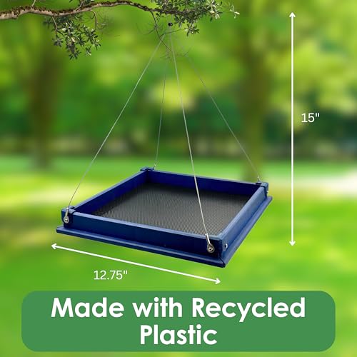 Large Recycled Plastic Platform Bird Feeder - Blue | 12.5-Inch Recycled Plastic Tray with Removable Perforated Steel Drain Plate - Cardinals, Finches, Blue Jays