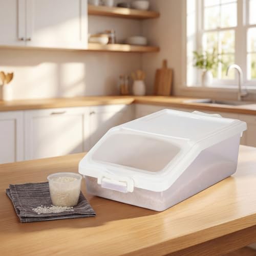 3 Pcs Rice Storage Container 11 lb Airtight Flour Container with Wheels Measuring Cup Clear Pet Food Dog Cat Birds Food Bin Grain Cereal Organizer Box for Dry Baking Supplies (White) - color: White