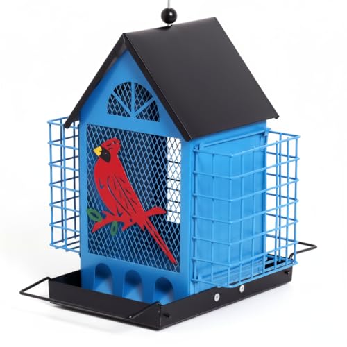 Blue House Metal Bird Feeder - 20" Hanging Wild Bird Feeder with Decorative Accents, Large Capacity Outdoor Birdfeeder for Cardinals and Songbirds, Perfect Garden Gift