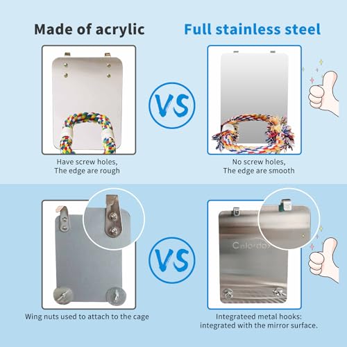 9" Bird Mirror for Cage, Large | Rope Perch, Bird Swing, For Parakeet Budgie African Grey Conure Cockatiel Lovebird Finch Canarie - size: Large