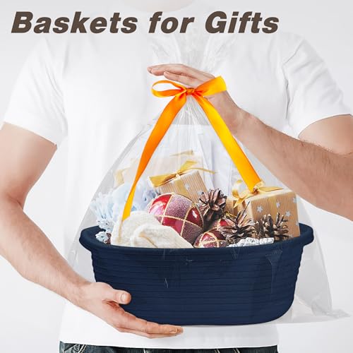 Pro Goleem Small Woven Basket with Gift Bags and Ribbons Durable Baskets for Gifts Empty Small Rope Basket for Storage 12"X 8" X 5" Baby Toy Baskets with Handles, Navy Blue - color: navy blue