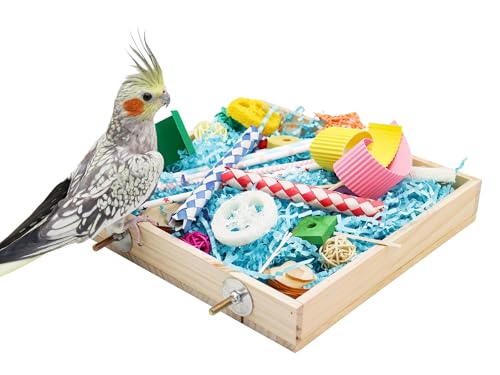 Jinkoozz Bird Foraging Toys Box, Wooden Parrot Shredding Toys Box, Bird Chewing Toys, Birdcage Accessories, Suitable for Small Birds Parakeets Cockatiels Love Birds Conures