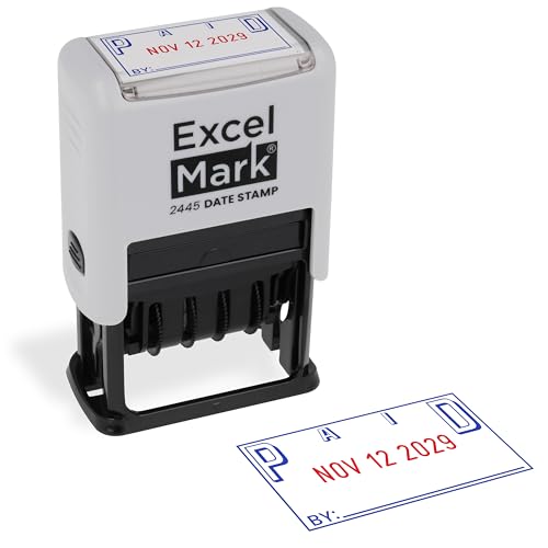 ExcelMark 2445 Date Stamp with Text - Blue and Red Ink (Gray Mount, Paid) - color: Gray Mount, size: Paid