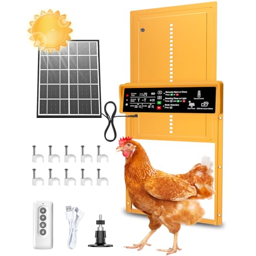 Automatic Chicken Coop Door Solar Powered, Pet Deluxe Chicken Door with Programmable Timer & Light Sensor, Anti-Pinch Safety, 7W Solar Panel, Aluminum Alloy with 10 Wire Clips Solar Chicken Door-Gold - color: Gold