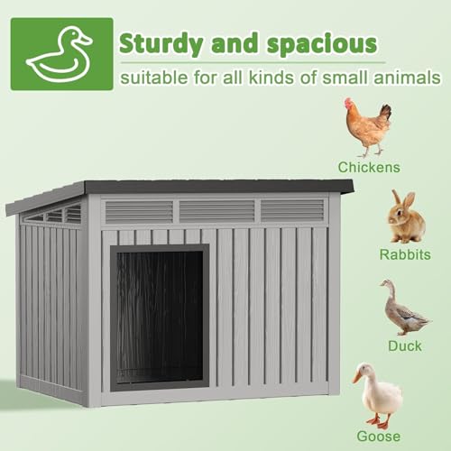 Vixzen Outdoor Duck House, PP Resin Material with Spacious Interior Poultry Shelter, Gas Strut Opening Top & Shutter Vents Chicken Coop for Easy Cleaning and Storage Use in Outdoor（Gray） - color: Gray, size: 32.2"L x 25.1"W x 24.1"H