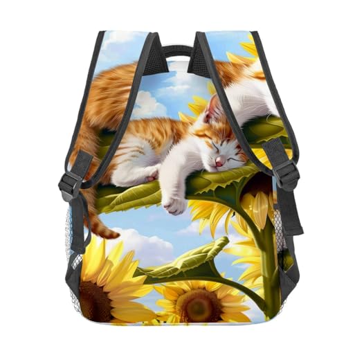 Sleeping Cat Backpack,Kitten Sunflower Polyester Backpacks,Lightweight Double Shoulder Back Pack for Kids Teens,Adorable Animal Bookbag,School Bag Gifts,Casual Travel Daypack Book Packs - color: Cat