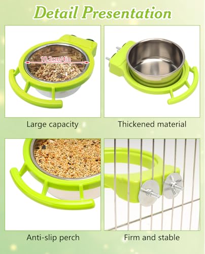 BNOSDM Hanging Stainless Steel Bird Bowls 4 PCS Bird Feeding Dish Cups with Perch Stand Birds Food Container Food and Water Bowls with Spoon for Budgie Cockatoo Finch Lovebirds Pigeons (Green) - color: 4 Pcs Green