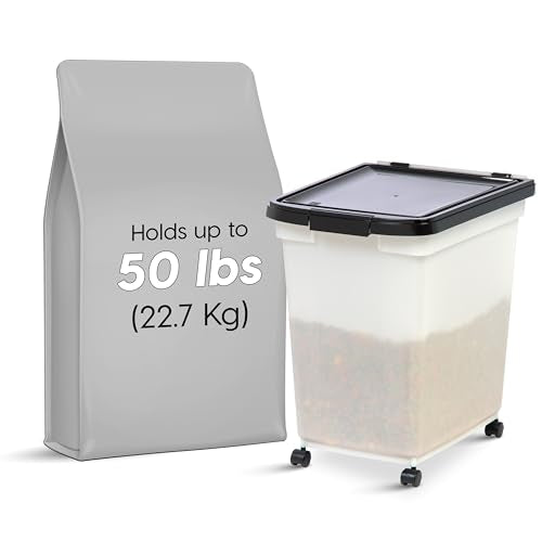 IRIS USA Dog Food Storage Container, Up to 50 lbs, Pearl/Black, Made in USA | Wheels for Mobility, Airtight Seal, BPA-Free, Best for Bird Seed, Cat food, Cat Litter, Chicken Feed, Pellets - color: Pearl/Black, size: 50 lbs