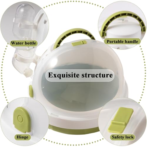 Portable Pet Travel Carrier with Water Bottle, Safety Lock, 6.3 inch Diameter, White and Green, Small Animal Transport Case for Hamster, Turtle, Bird