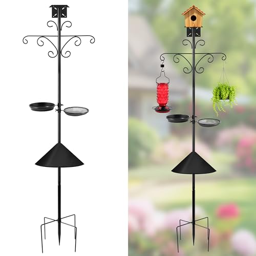 Bird Feeder Pole Stand - 92 Inch Bird Feeding Station for Outdoor Outside, Heavy Duty Adjustable Birdhouse Pole Standing with Base Kit, Includes 4 Hook Water Basin Tray for Garden Yard