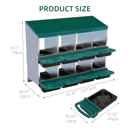 Chicken Nesting Box, Green 8 Hole Chicken Laying Box, Tray for Easy Egg Collection, Large Holes for Ventilation, Suitable for Chickens & Ducks