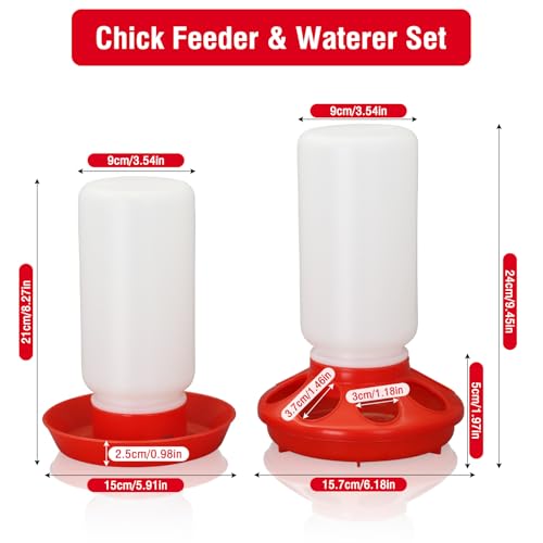 Chick Feeder and Waterer Set No Waste Automatic Chicken Feeder and 1L Waterer for Baby Chicks, Ducks, and Quail – Brooder Starter Kit - color: Red and White
