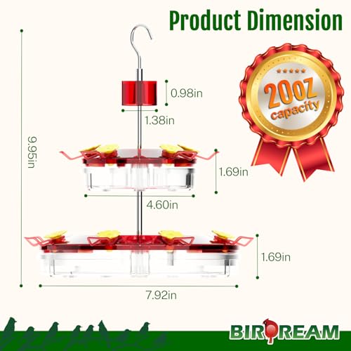 Birdream Hanging Hummingbird Feeder, 20oz | Double-Tier Saucer, 14 Feeding Ports, Ant Moat, Stainless Steel Pole, Easy to Refill and Clean - size: 1 Pack