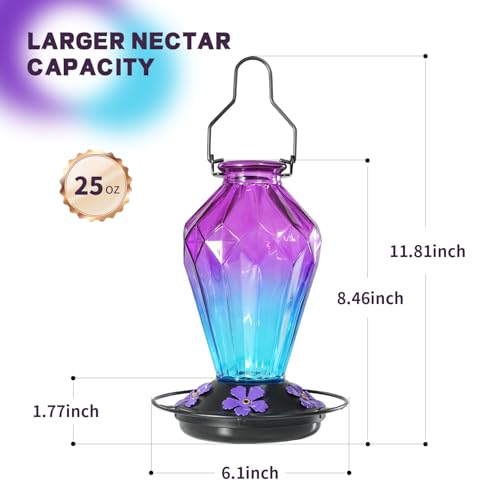 2 Pack Glass Hummingbird Feeder for Outdoors Hanging, 25Oz Humming Bird Nectar Feeder, Perch, 5 Flower Feeding Ports, Leak Proof Base, Hook for Outside Garden Backyard, Diamond Purple - color: Diamond Purple-2