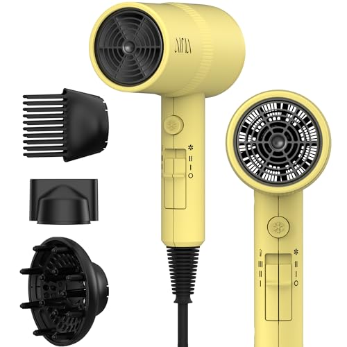 AINA Hair Dryer with Diffuser,Comb Full-Featured Blow Dryer 110V(Yellow) | 3 Heat/2 Speed;Cold shut button;Lightweight;Compact Size;High Temp;Low Airflow;Same Results;Less Expense - color: Zest Yellow, size: 4 Piece
