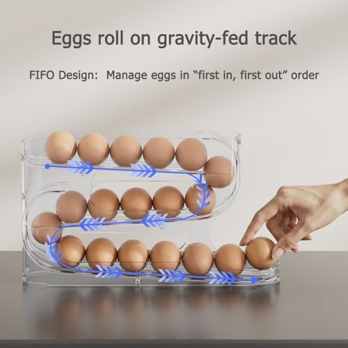 Clear FIFO Egg Holder for Fridge, Egg Dispenser for Eggs 18 Count | 1-Pack Automatic Rolling Egg Organizer for Refrigerator, Space-Saving Egg Roller/Container/Storage for Kitchen Countertop - size: 1 Pack