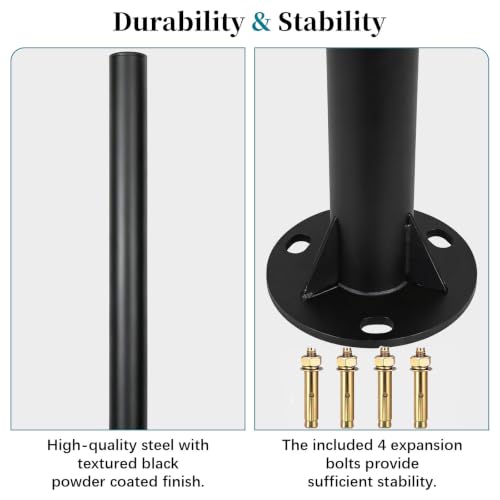 Xtellar DIY Base Mount Heavy Duty Steel Pole – 7.8 ft x 2 inch | Textured Black Powder Coated, for Solar Light Post, Flagpole, Bird Feeder Stand – Includes 4 Expansion Bolts