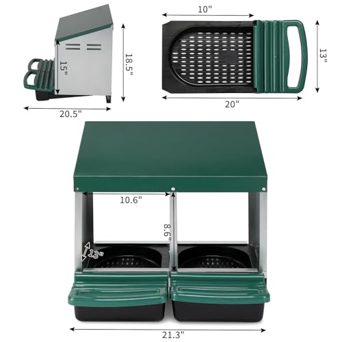 Chicken Nesting Box, Roll Out Metal Chicken Nest Box with Egg Tray, 2 Compartment Hen Nesting Box for Laying Hens, Durable Poultry Nesting Box with Plastic Basket, Green - color: Green-1, size: 2 Holes